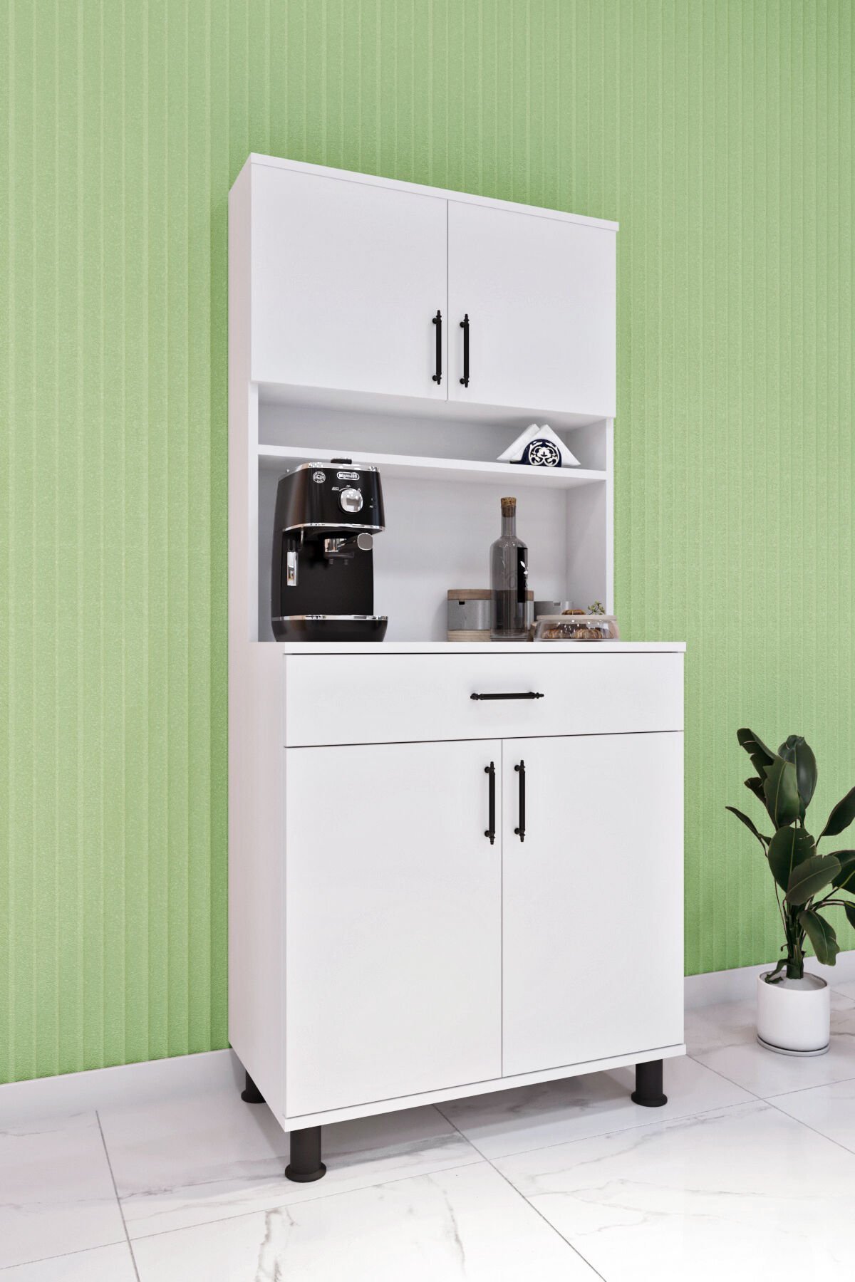 Esl0173 Kahve Köşesi Çok Amaçlı Dolap 4 Kapaklı 1 Çekmeceli Kiler Mutfak Dolabı Beyaz