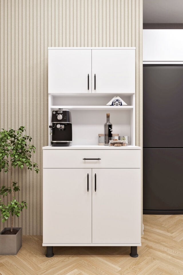 Esl0173 Kahve Köşesi Çok Amaçlı Dolap 4 Kapaklı 1 Çekmeceli Kiler Mutfak Dolabı Beyaz