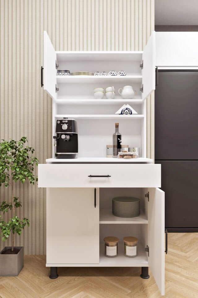 Esl0173 Kahve Köşesi Çok Amaçlı Dolap 4 Kapaklı 1 Çekmeceli Kiler Mutfak Dolabı Beyaz