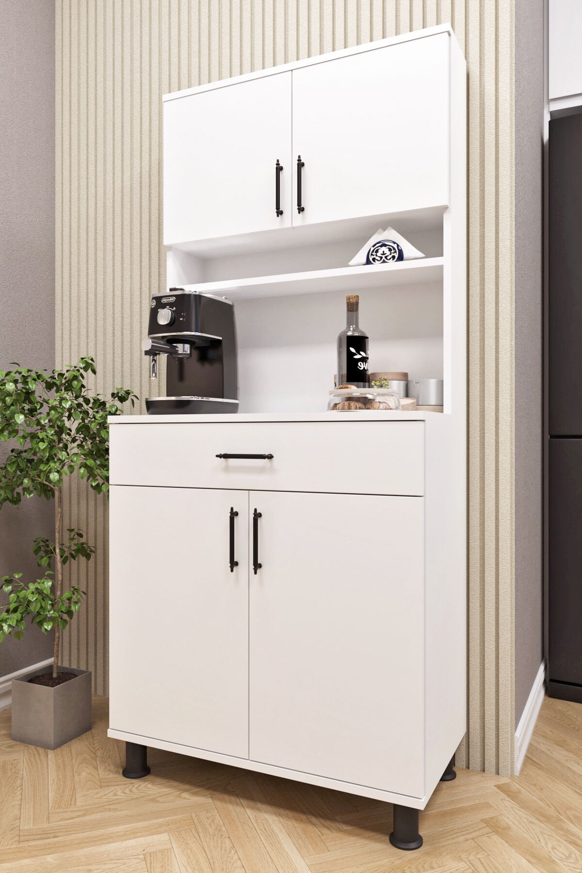 Esl0173 Kahve Köşesi Çok Amaçlı Dolap 4 Kapaklı 1 Çekmeceli Kiler Mutfak Dolabı Beyaz