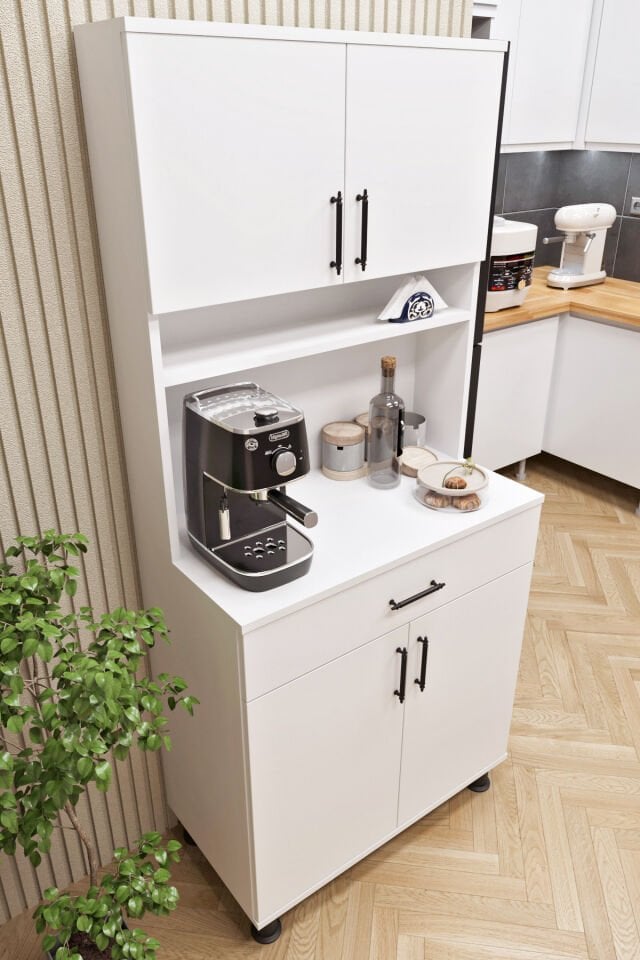 Esl0173 Kahve Köşesi Çok Amaçlı Dolap 4 Kapaklı 1 Çekmeceli Kiler Mutfak Dolabı Beyaz