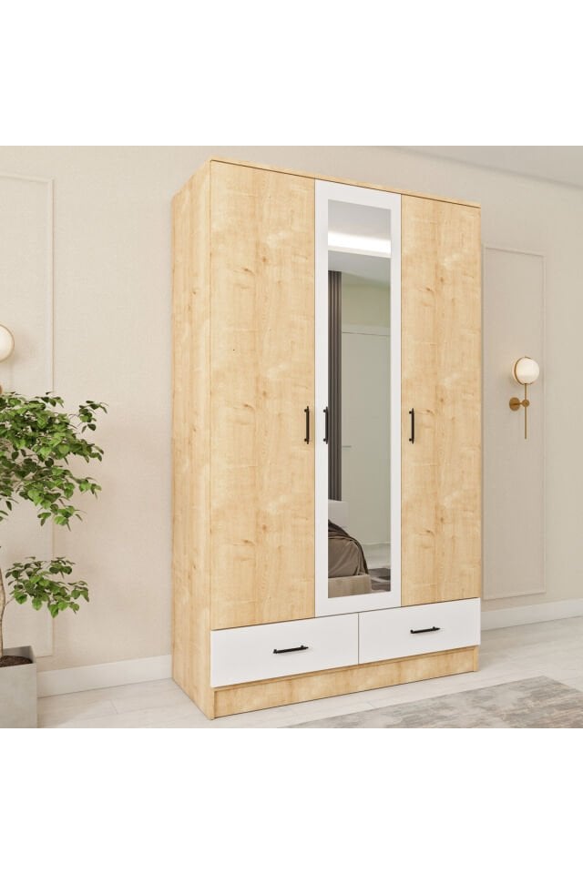 Esl005 Geniş Gardırop Elbise Dolabı 3 Kapaklı Aynalı Bol Raflı 1 Askılı Modüler Beyaz Dolap