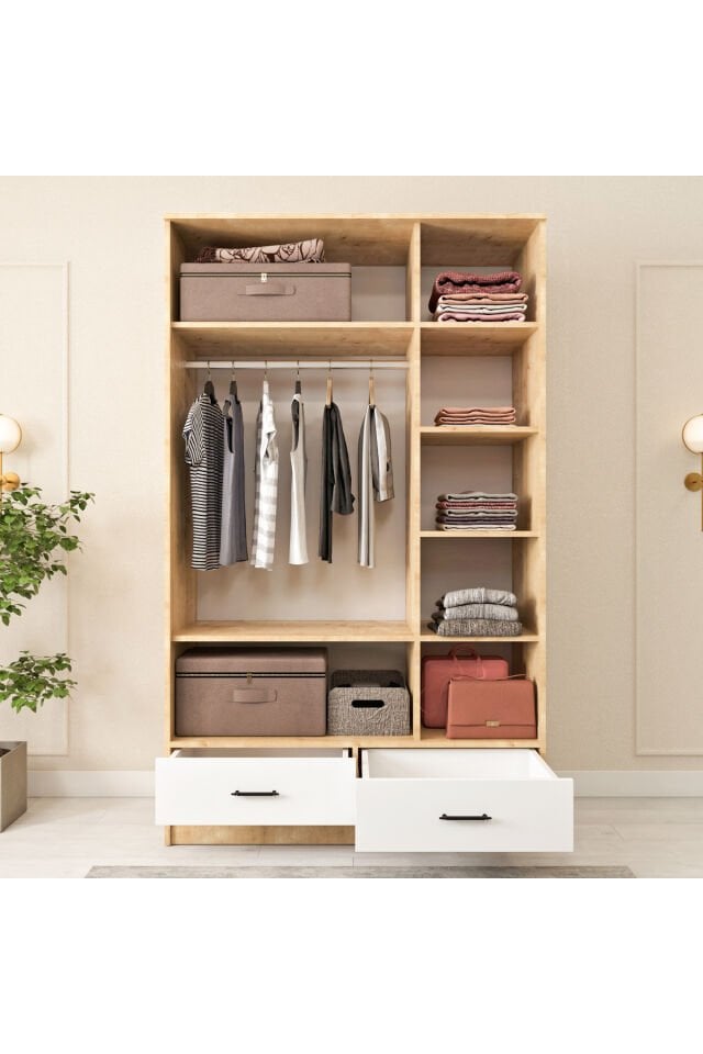 Esl005 Geniş Gardırop Elbise Dolabı 3 Kapaklı Aynalı Bol Raflı 1 Askılı Modüler Beyaz Dolap