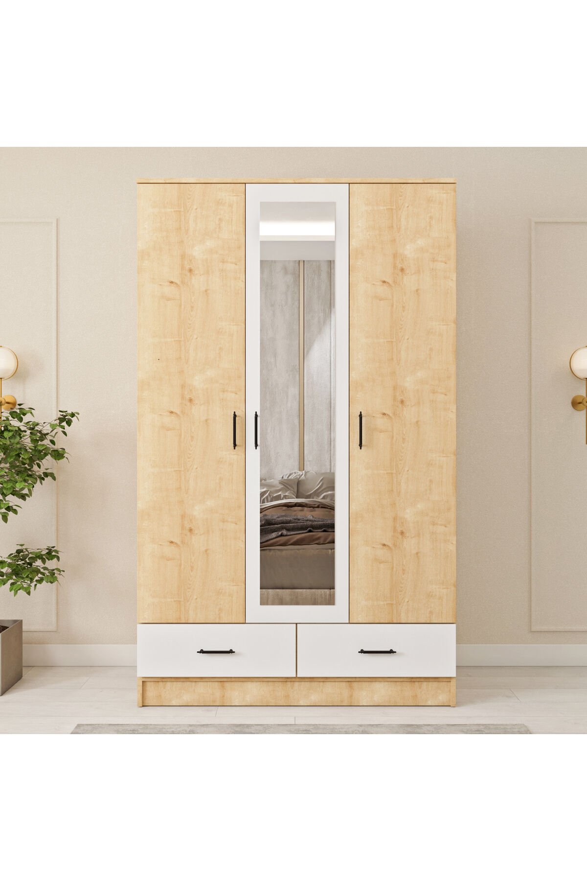 Esl005 Geniş Gardırop Elbise Dolabı 3 Kapaklı Aynalı Bol Raflı 1 Askılı Modüler Beyaz Dolap