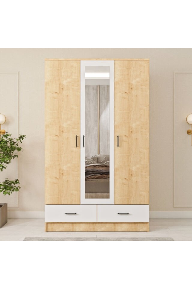 Esl005 Geniş Gardırop Elbise Dolabı 3 Kapaklı Aynalı Bol Raflı 1 Askılı Modüler Beyaz Dolap