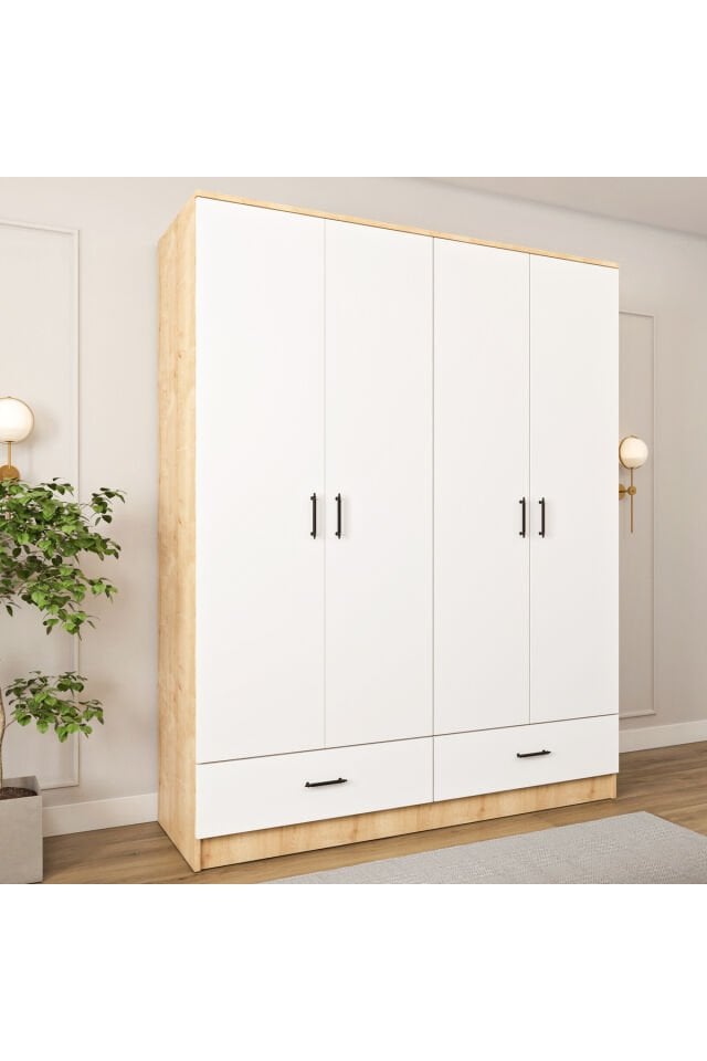 Mobilya Esl0271 Geniş Gardırop Elbise Dolabı 4 Kapaklı Bol Raflı 2 Çekmeceli Modüler Dolap