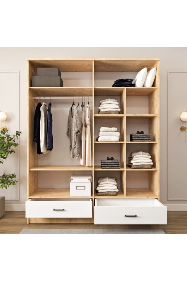 Mobilya Esl0271 Geniş Gardırop Elbise Dolabı 4 Kapaklı Bol Raflı 2 Çekmeceli Modüler Dolap