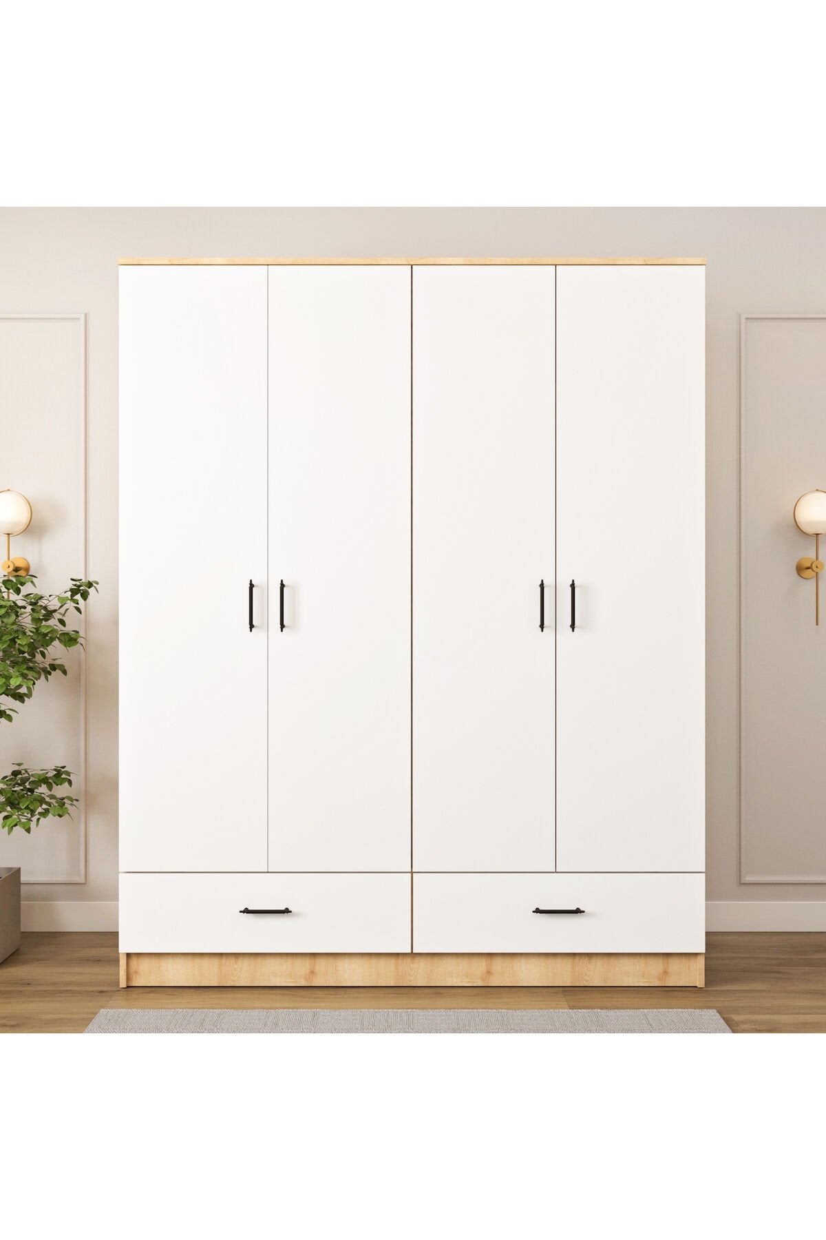 Mobilya Esl0271 Geniş Gardırop Elbise Dolabı 4 Kapaklı Bol Raflı 2 Çekmeceli Modüler Dolap