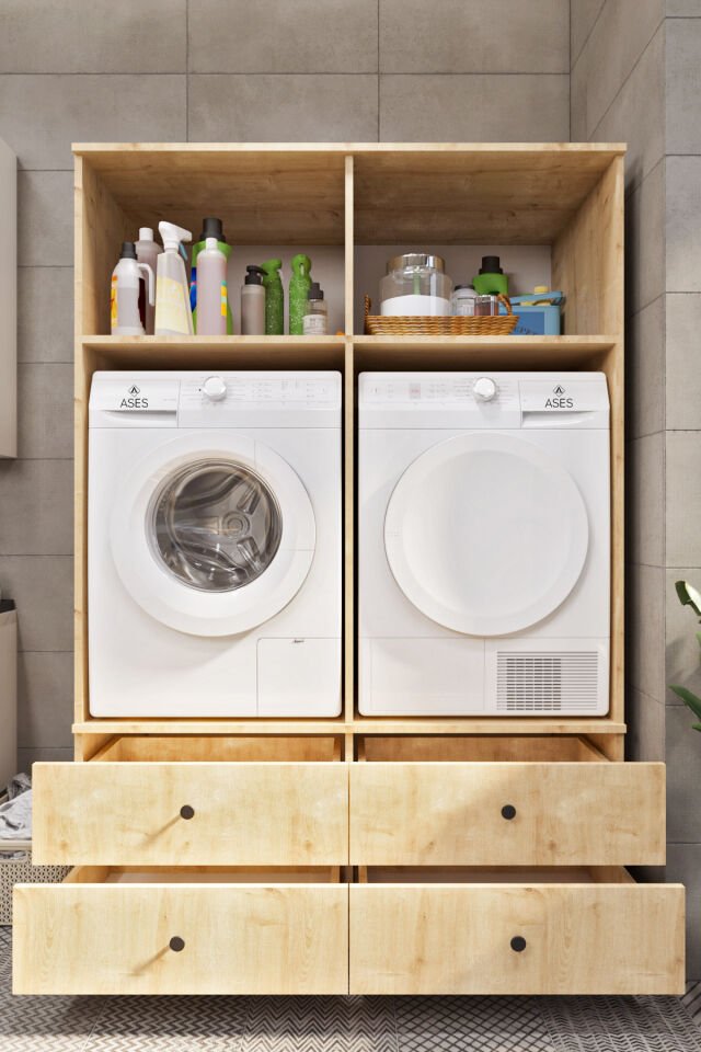 Ases ELZ533 Çamaşır ve Kurutma Makinesi Dolabı Extra Boy 4 Kapak 4 Çekmece Safir Meşe