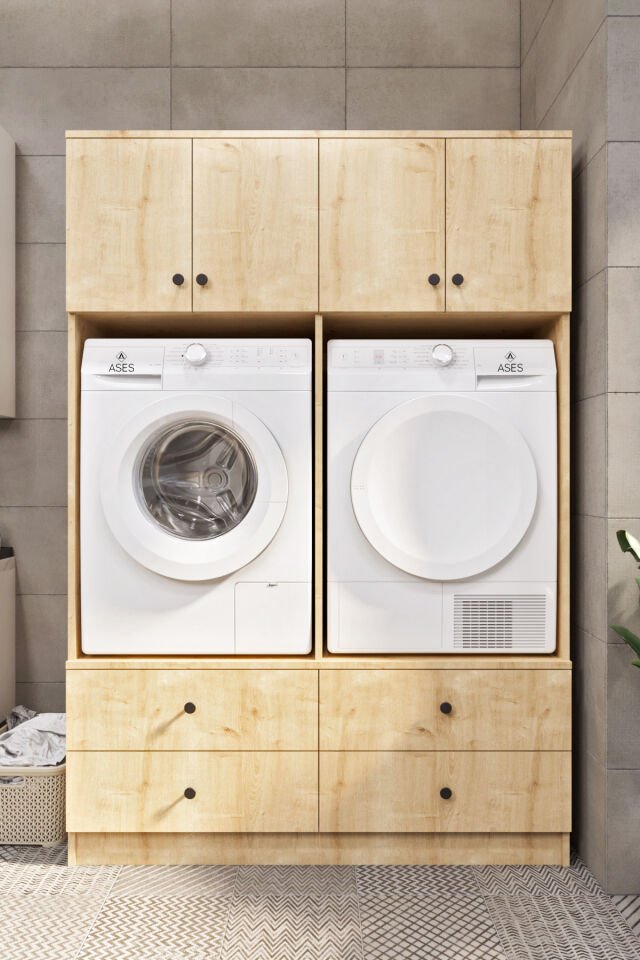 Ases ELZ533 Çamaşır ve Kurutma Makinesi Dolabı Extra Boy 4 Kapak 4 Çekmece Safir Meşe