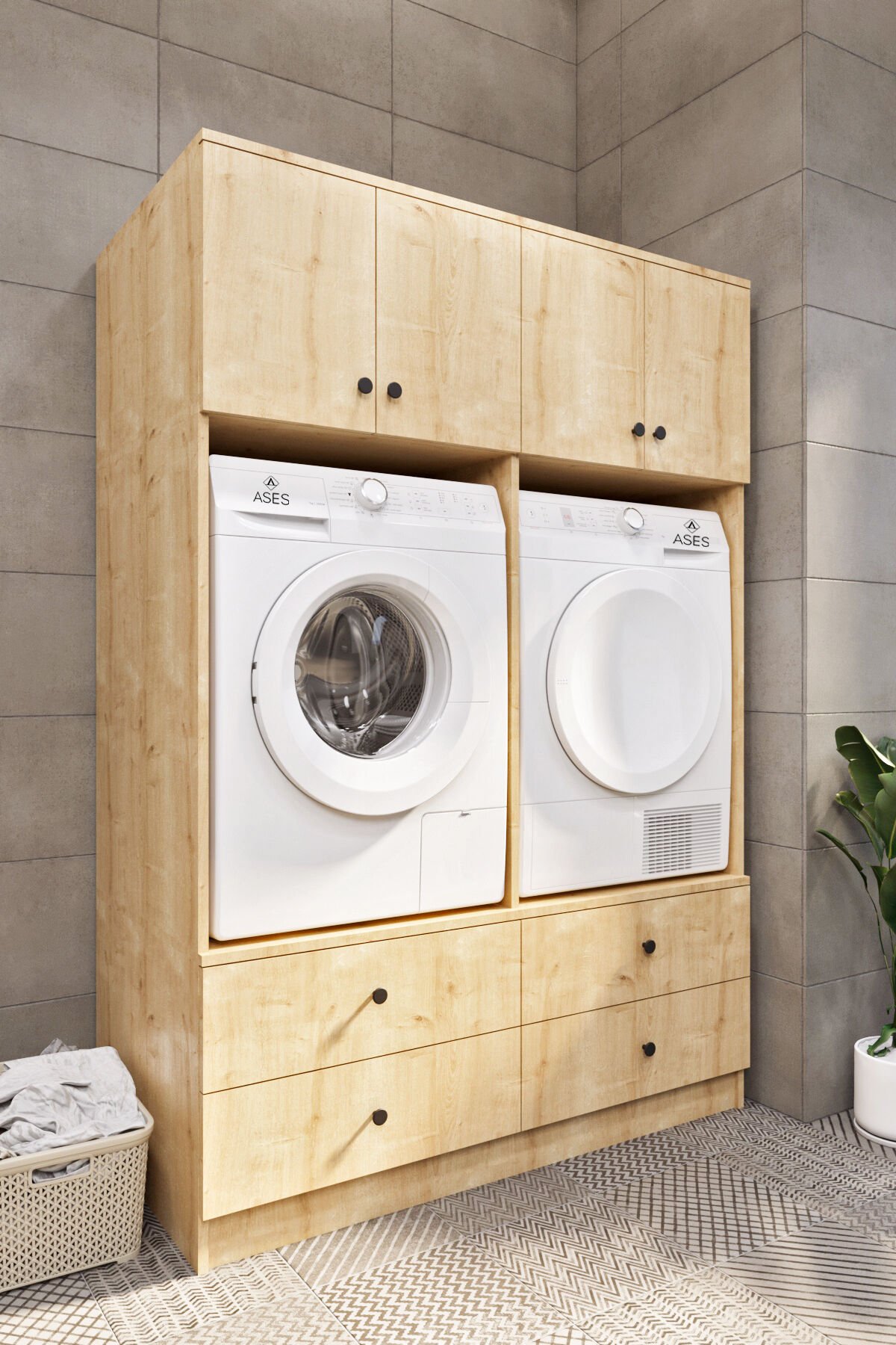 Ases ELZ533 Çamaşır ve Kurutma Makinesi Dolabı Extra Boy 4 Kapak 4 Çekmece Safir Meşe
