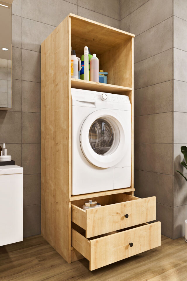 Ases ELZ525 Çamaşır ve Kurutma Makinesi Dolabı Extra Boy 2 Kapak 2 Çekmece Safir Meşe