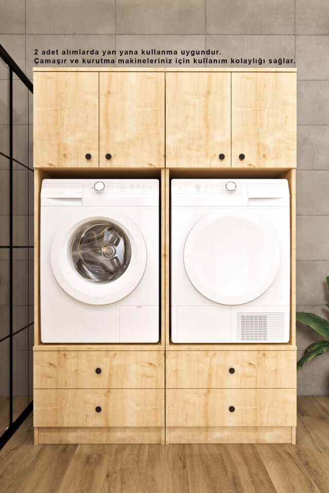 Ases ELZ525 Çamaşır ve Kurutma Makinesi Dolabı Extra Boy 2 Kapak 2 Çekmece Safir Meşe