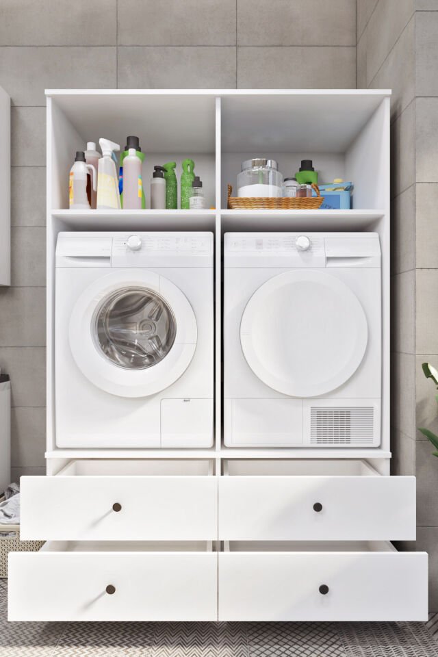 Ases ELZ533 Çamaşır ve Kurutma Makinesi Dolabı Extra Boy 4 Kapak 4 Çekmece Beyaz