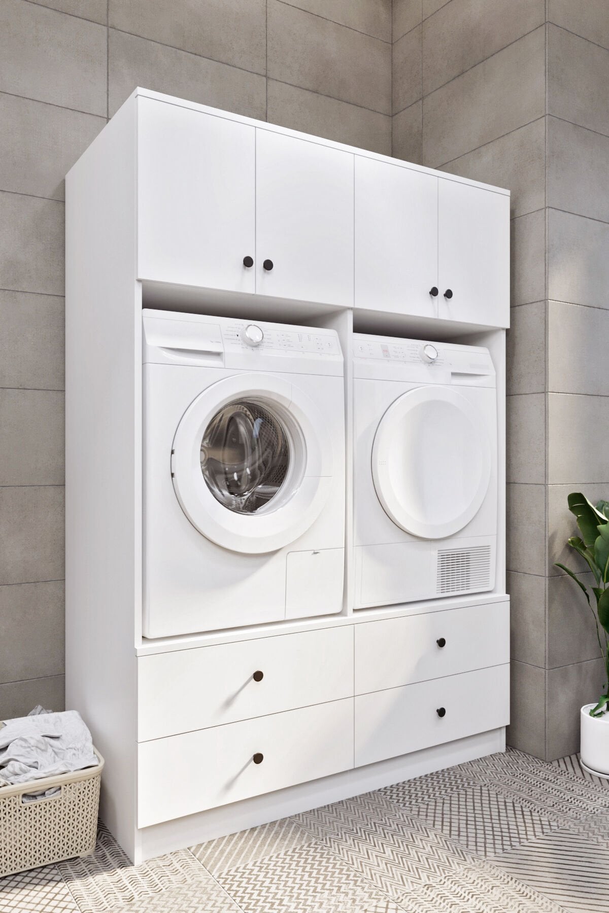 Ases ELZ533 Çamaşır ve Kurutma Makinesi Dolabı Extra Boy 4 Kapak 4 Çekmece Beyaz
