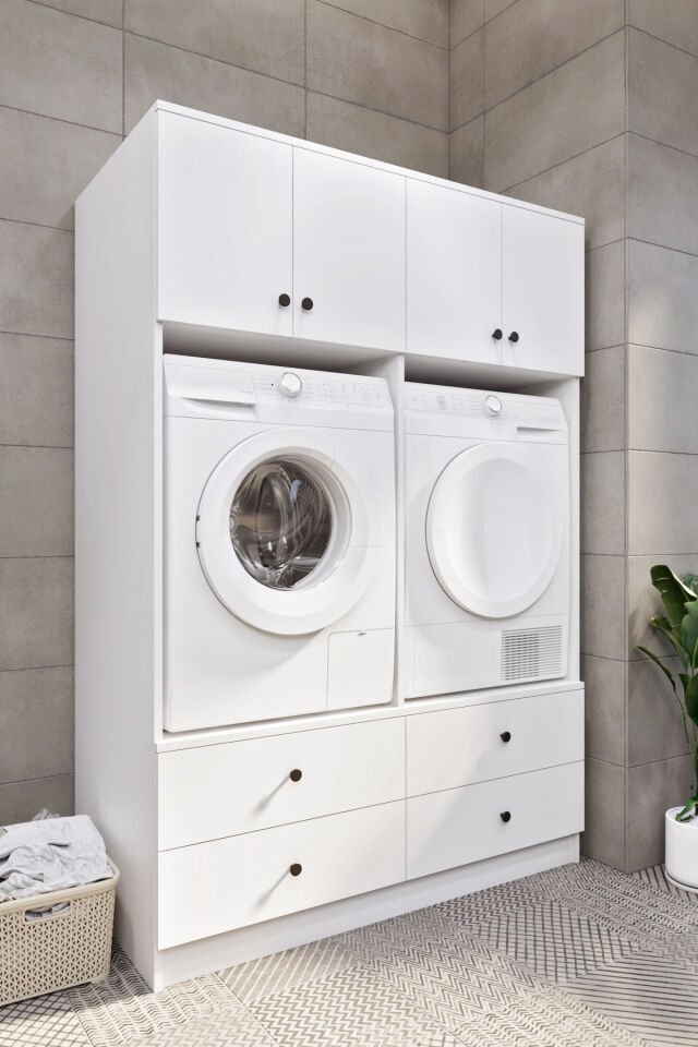 Ases ELZ533 Çamaşır ve Kurutma Makinesi Dolabı Extra Boy 4 Kapak 4 Çekmece Beyaz