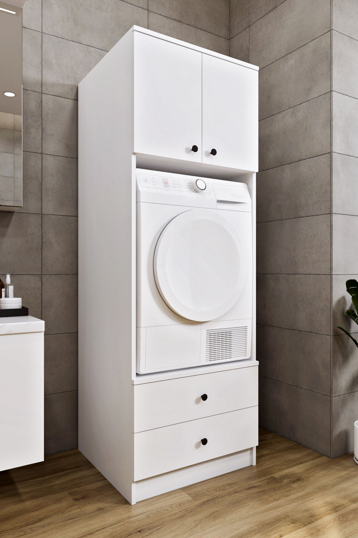 Ases ELZ525 Çamaşır ve Kurutma Makinesi Dolabı Extra Boy 2 Kapak 2 Çekmece Beyaz