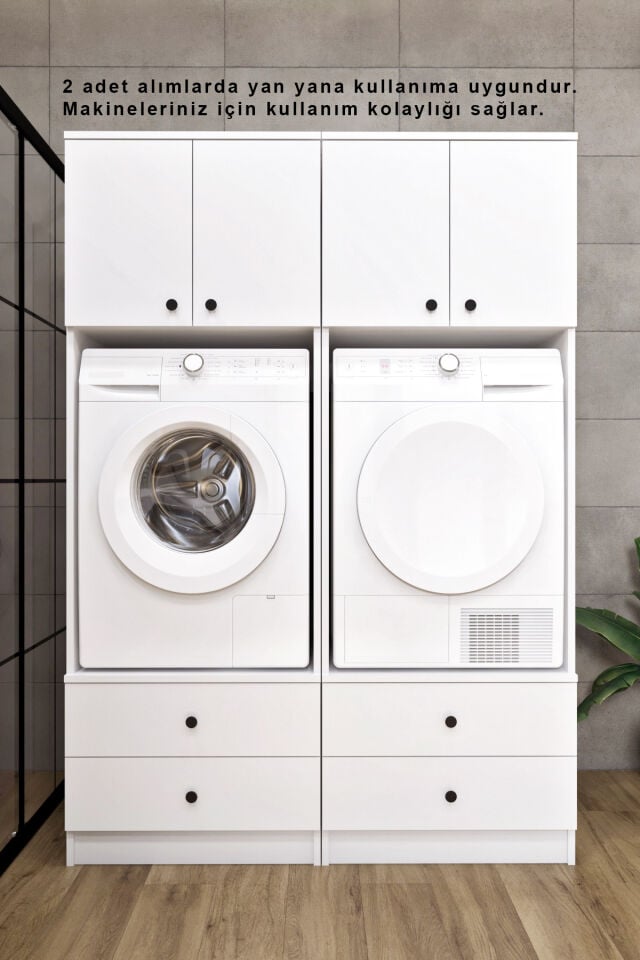 Ases ELZ525 Çamaşır ve Kurutma Makinesi Dolabı Extra Boy 2 Kapak 2 Çekmece Beyaz