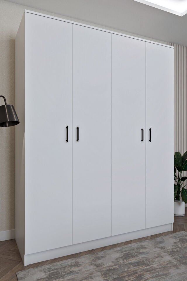 Ela6533 4Kapaklı Gardırop 5 Raflı 3 Askılı Geniş Model Beyaz