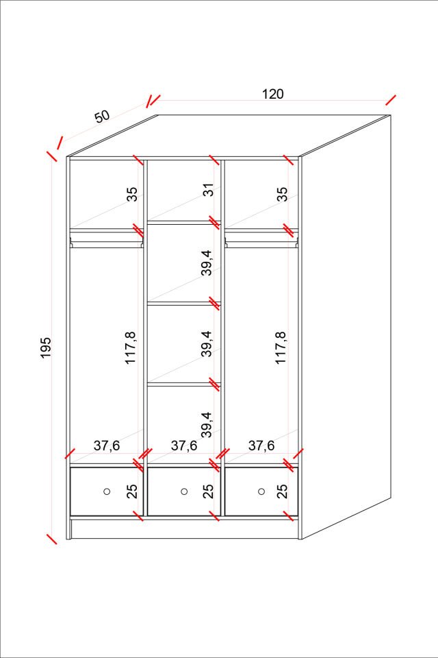 Ases Ela848 Modern 3 Kapaklı 3 Çekmeceli Raflı Askılı Gardırop Giysi Dolabı Beyaz Beyaz