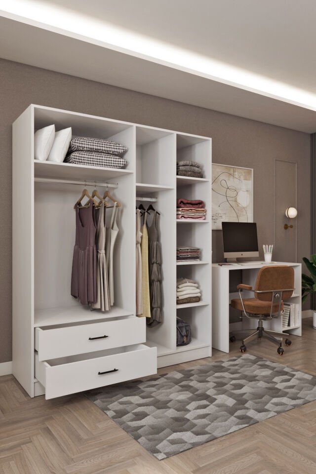 Ases HDF5358 Genç Odası Gardırop ve Çalışma Masası Hediyeli Beyaz - Safir Meşe Beyaz