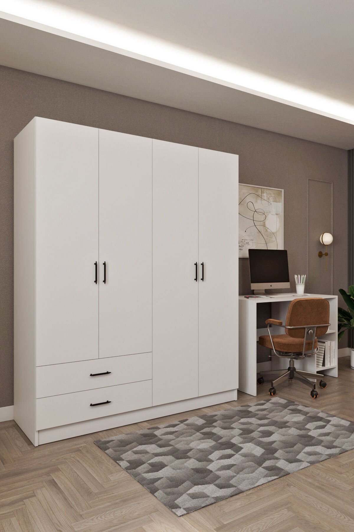 Ases HDF5358 Genç Odası Gardırop ve Çalışma Masası Hediyeli Beyaz - Safir Meşe Beyaz