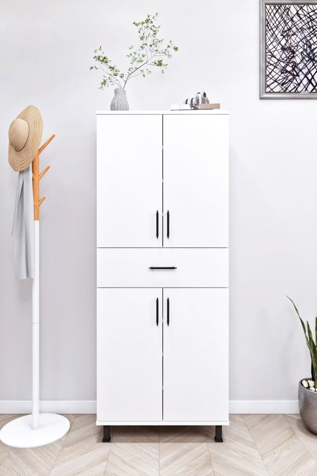 Esl0219 Ayakkabılık - Mutfak - Banyo Dolabı 4 Kapaklı 1 Çekmeceli 6 Raflı Beyaz Beyaz
