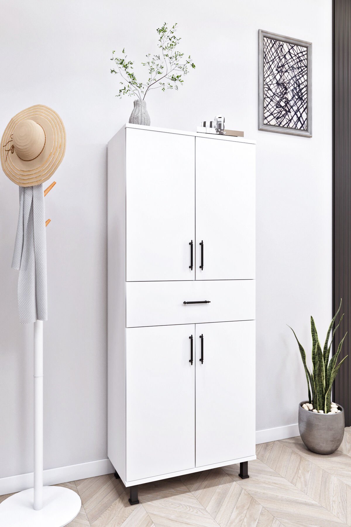 Esl0219 Ayakkabılık - Mutfak - Banyo Dolabı 4 Kapaklı 1 Çekmeceli 6 Raflı Beyaz Beyaz