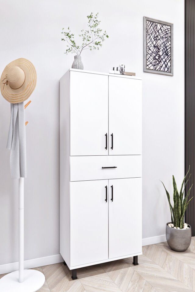 Esl0219 Ayakkabılık - Mutfak - Banyo Dolabı 4 Kapaklı 1 Çekmeceli 6 Raflı Beyaz Beyaz