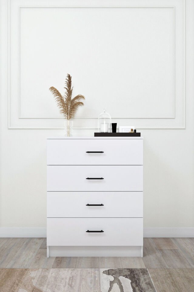 Esl0225 Şifonyer 4 Çekmeceli Yatak Odası Bebek Odası Çocuk Odası Beyaz 100 X 80 Cm Beyaz