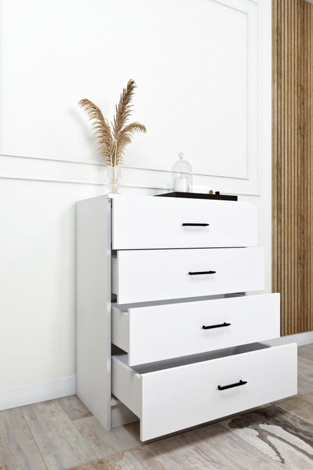 Esl0225 Şifonyer 4 Çekmeceli Yatak Odası Bebek Odası Çocuk Odası Beyaz 100 X 80 Cm Beyaz