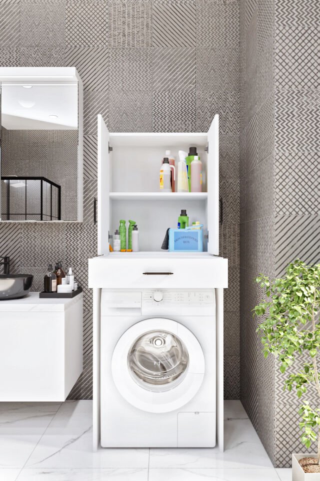 Esl0240 Çamaşır Makinesi Dolabı Banyo Çok Amaçlı Dolap 2 Kapaklı Beyaz Beyaz
