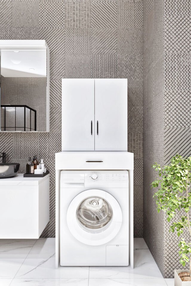 Esl0240 Çamaşır Makinesi Dolabı Banyo Çok Amaçlı Dolap 2 Kapaklı Beyaz Beyaz
