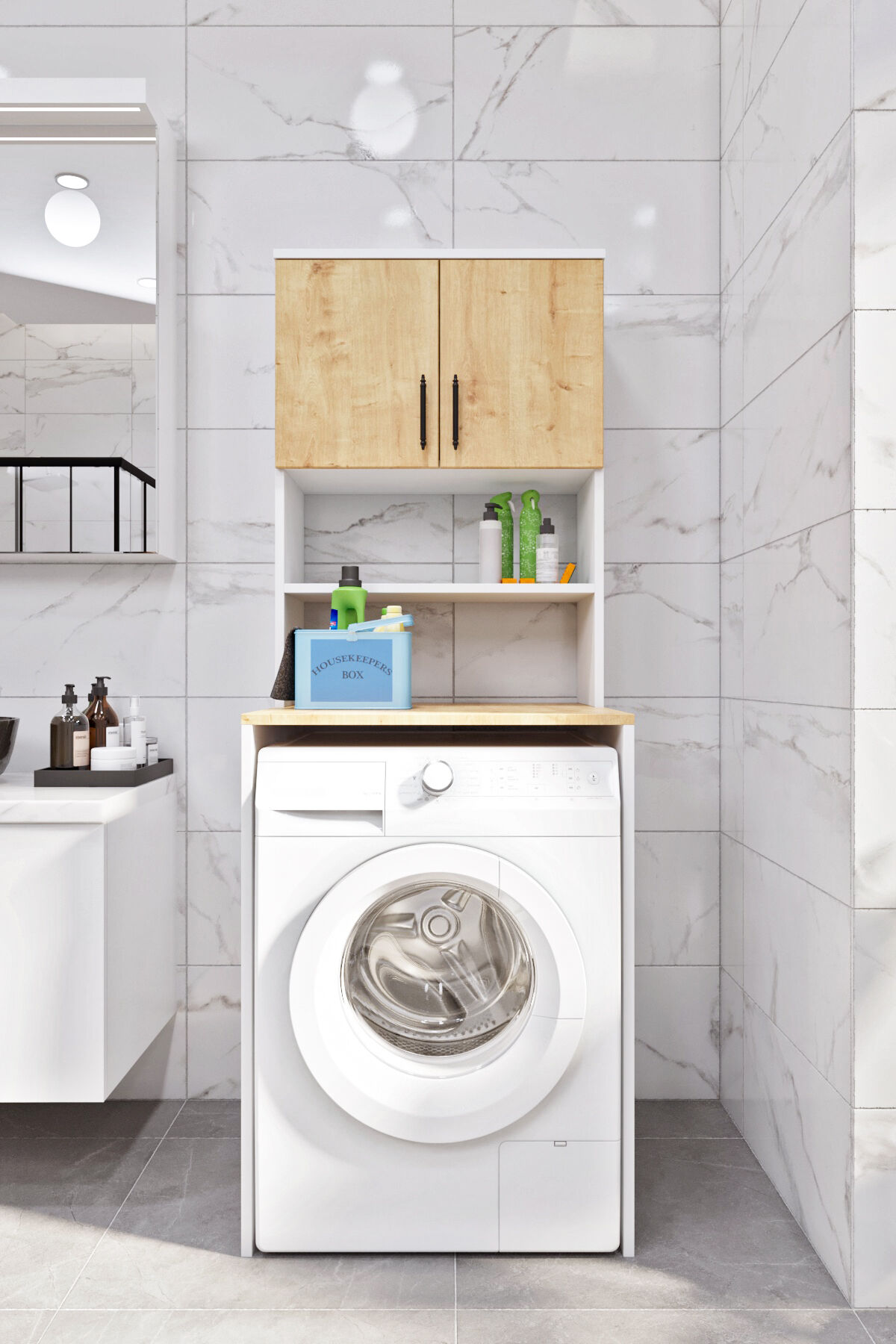 Esl0231 Çamaşır Makinesi Dolabı Banyo Dolabı Beyaz-Safir Meşe Beyaz-SafirMeşe