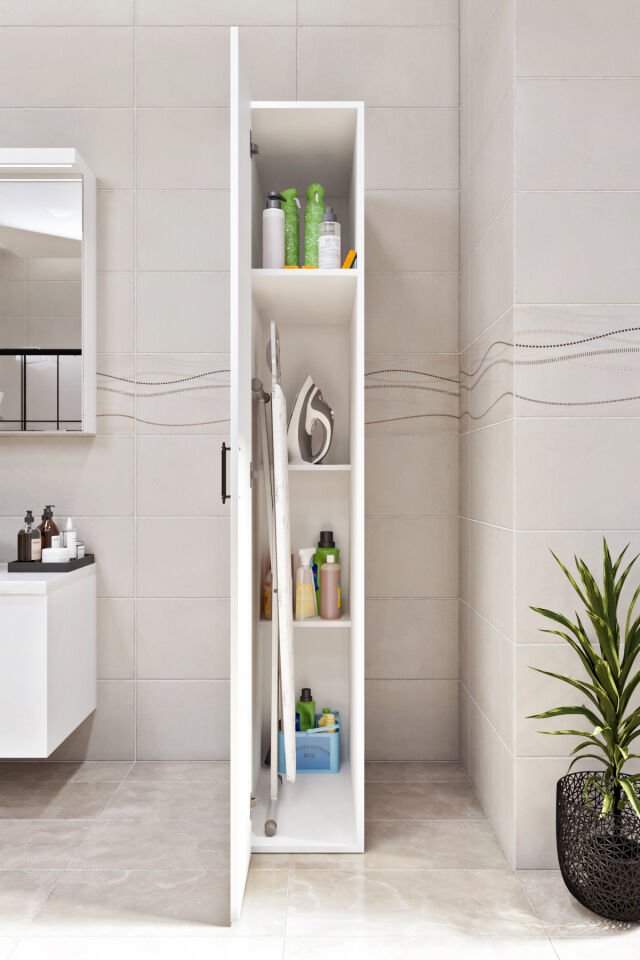 Esl0210 Dar Alanlar İçin Çok Amaçlı Banyo-Hol-Mutfak Dolabı Bol Raflı Beyaz Beyaz