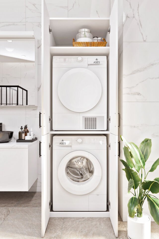 Mobilya Esl0212 Çamaşır Makinası ve Kurutma Makinası Banyo Dolabı Beyaz Beyaz