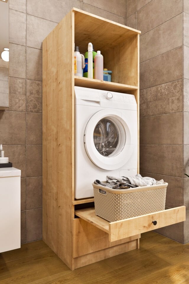 Ases Mobilya Ases ELZ520 Çamaşır Yada Kurutma Makinesi Dolabı Boy 2 Kapak 2 Çekmece Banyo Dolabı