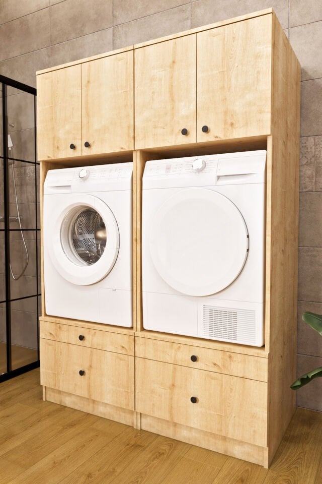 Ases Mobilya Ases ELZ520 Çamaşır Yada Kurutma Makinesi Dolabı Boy 2 Kapak 2 Çekmece Banyo Dolabı