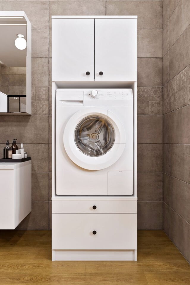 Ases Mobilya Ases ELZ520 Çamaşır Yada Kurutma Makinesi Dolabı Boy 2 Kapak 2 Çekmece Banyo Dolabı