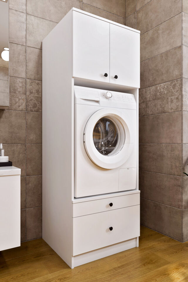 Ases Mobilya Ases ELZ520 Çamaşır Yada Kurutma Makinesi Dolabı Boy 2 Kapak 2 Çekmece Banyo Dolabı