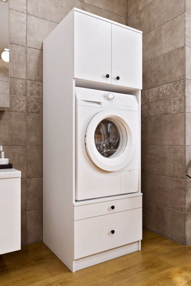 Ases Mobilya Ases ELZ520 Çamaşır Yada Kurutma Makinesi Dolabı Boy 2 Kapak 2 Çekmece Banyo Dolabı
