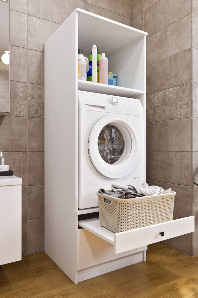 Ases Mobilya Ases ELZ520 Çamaşır Yada Kurutma Makinesi Dolabı Boy 2 Kapak 2 Çekmece Banyo Dolabı