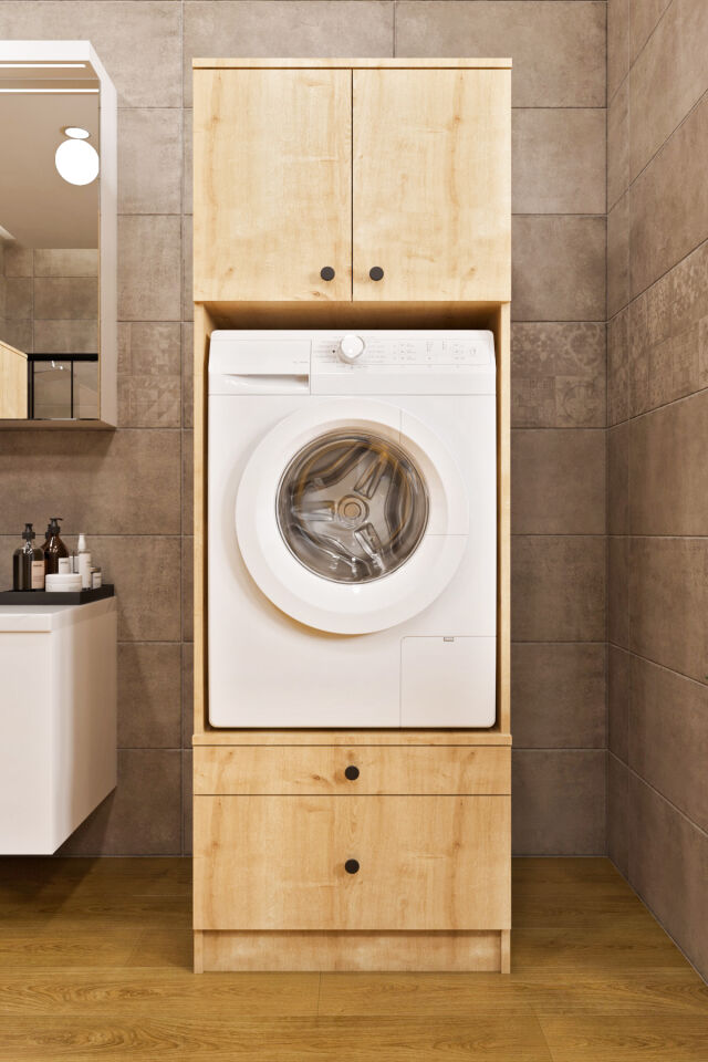 Ases Mobilya Ases ELZ520 Çamaşır Yada Kurutma Makinesi Dolabı Boy 2 Kapak 2 Çekmece Banyo Dolabı Safir Meşe