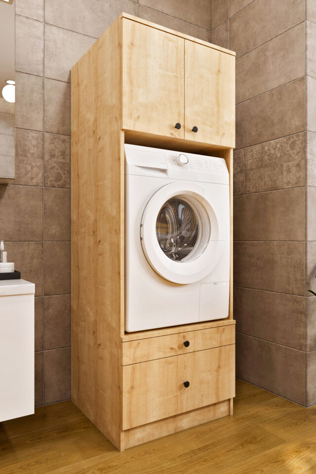 Ases Mobilya Ases ELZ520 Çamaşır Yada Kurutma Makinesi Dolabı Boy 2 Kapak 2 Çekmece Banyo Dolabı Safir Meşe