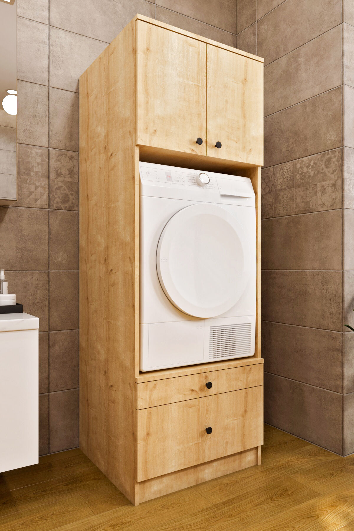 Ases Mobilya Ases ELZ520 Çamaşır Yada Kurutma Makinesi Dolabı Boy 2 Kapak 2 Çekmece Banyo Dolabı Safir Meşe