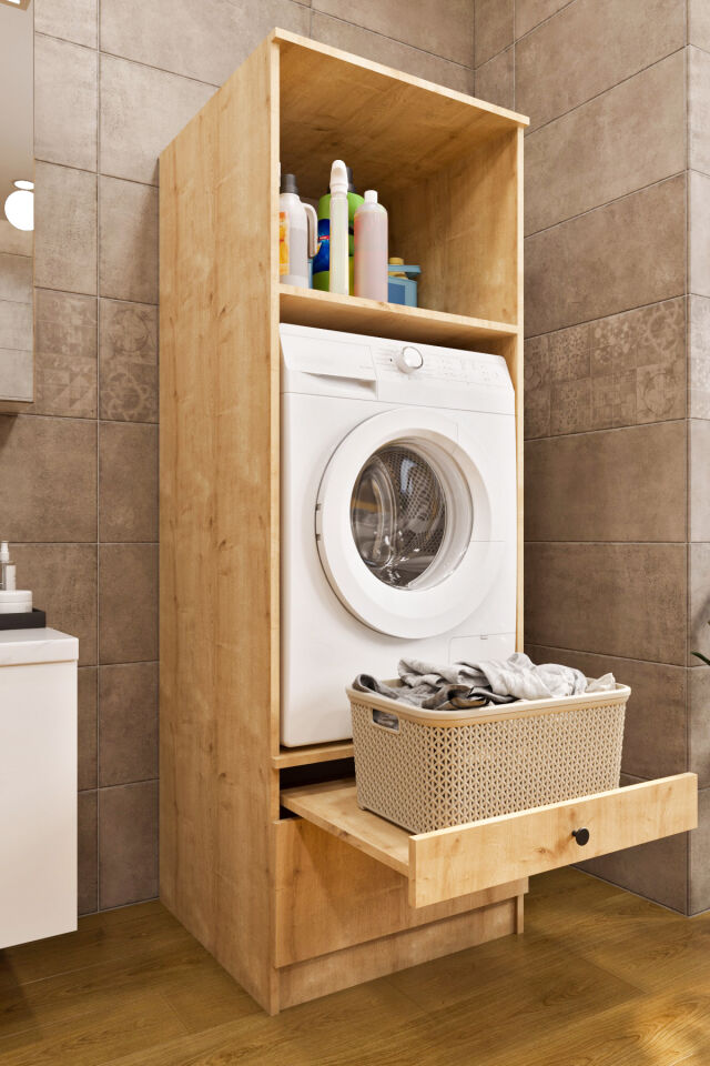 Ases Mobilya Ases ELZ520 Çamaşır Yada Kurutma Makinesi Dolabı Boy 2 Kapak 2 Çekmece Banyo Dolabı Safir Meşe