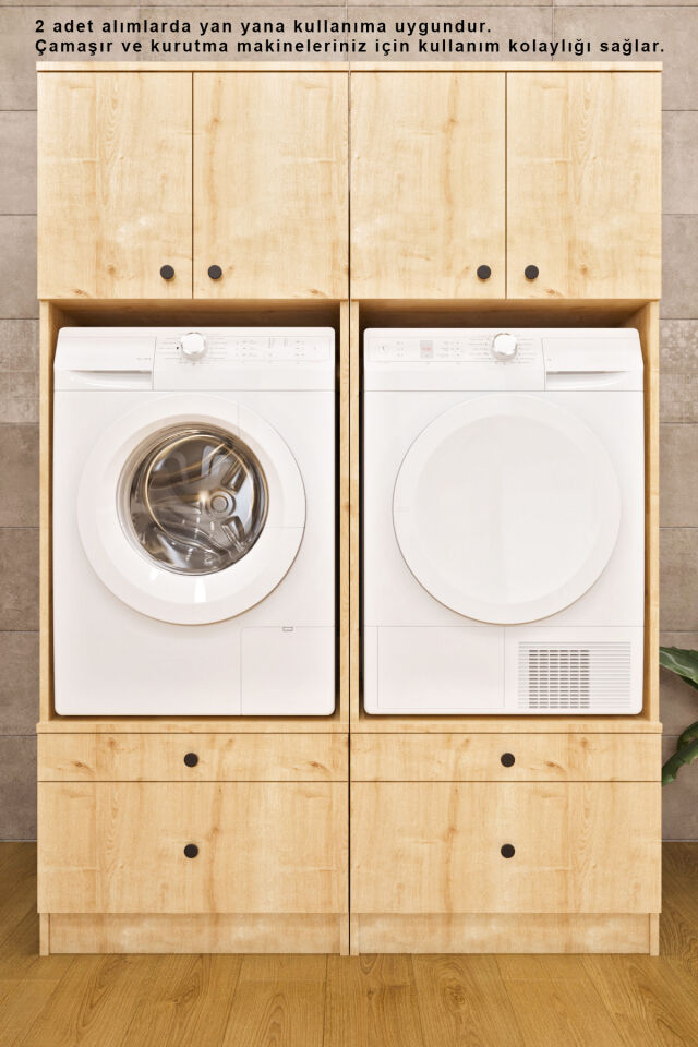 Ases Mobilya Ases ELZ520 Çamaşır Yada Kurutma Makinesi Dolabı Boy 2 Kapak 2 Çekmece Banyo Dolabı Safir Meşe