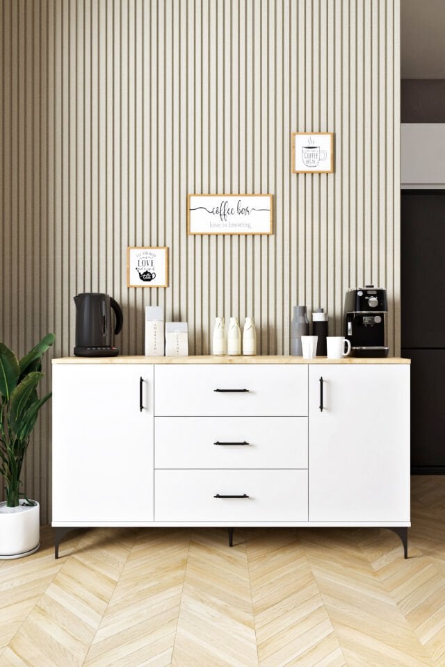 Ases Mobilya ASL4411 Kahve Köşesi Çok Amaçlı Dolap 2 Kapaklı 3 Çekmeceli Kiler Mutfak Dolabı Konsol