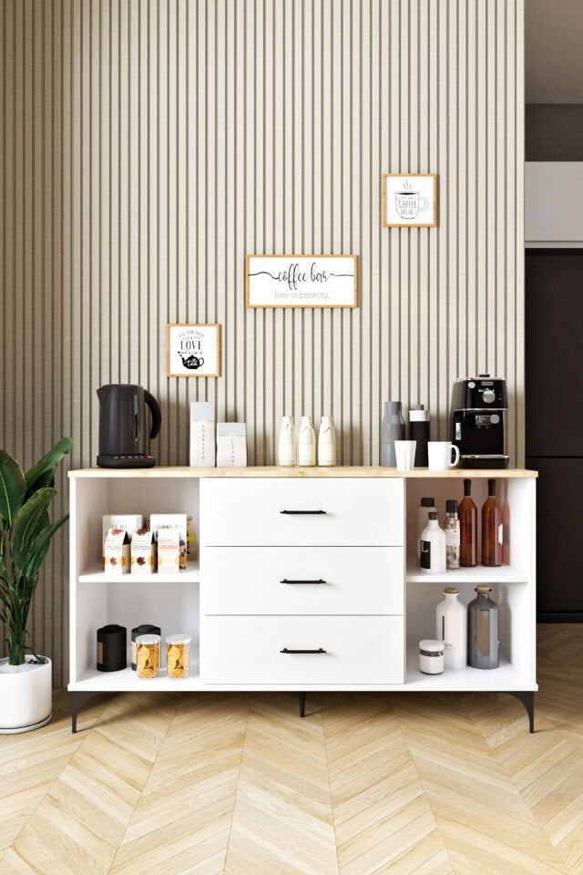 Ases Mobilya ASL4411 Kahve Köşesi Çok Amaçlı Dolap 2 Kapaklı 3 Çekmeceli Kiler Mutfak Dolabı Konsol