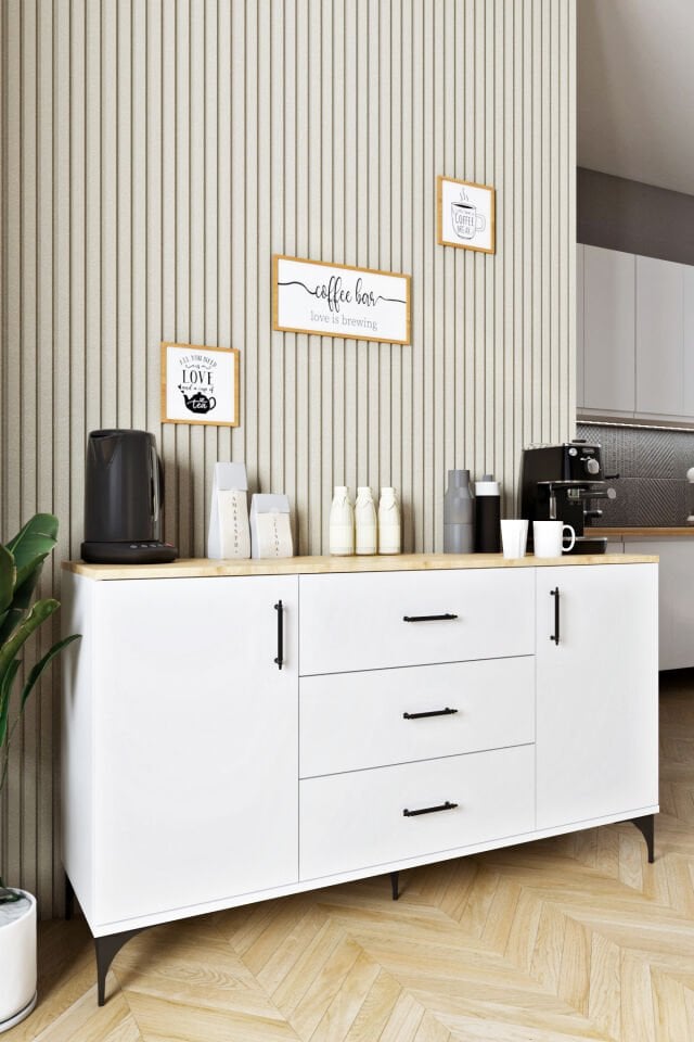 Ases Mobilya ASL4411 Kahve Köşesi Çok Amaçlı Dolap 2 Kapaklı 3 Çekmeceli Kiler Mutfak Dolabı Konsol